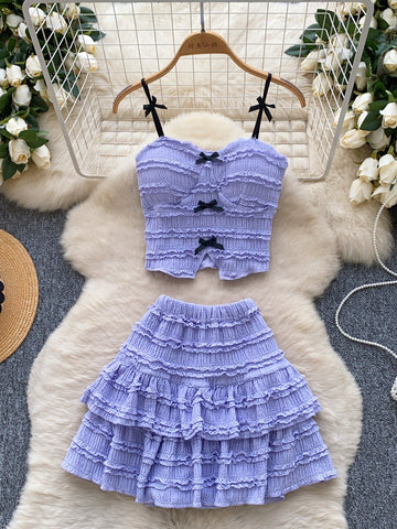 Purple Ruffled Crop Top Mini Skirt Two Piece Set