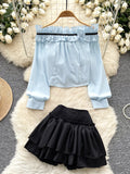 White Off The Shoulder Ruffled Blouse Skirt Set