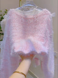 Elegant Sheer Ribbons Pink Fluffy Sweater