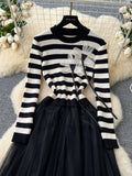 Striped Top Floral Knit Tulle Dress