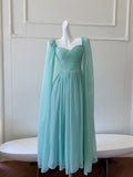 Detachable Long Sleeve Chiffon Blue Pleats Prom Dress