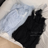 Ruffled Bodice Black Tulle Asymmetric Hem Dress