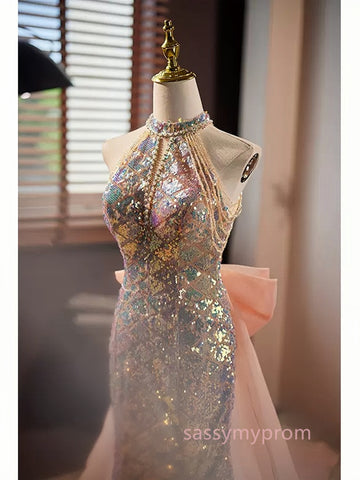 Gold Halter Beading Sequin Mermaid Prom Dress With Detachable Bow US14 Gold Halter Beading Sequin Mermaid Prom Dress With Detachable Bow US14