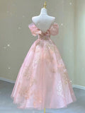Pink Off The Shoulder Tea Length Floral Prom Dress