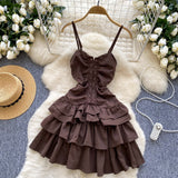 Adjustable Straps Layered Ruffle Brown Mini Dress