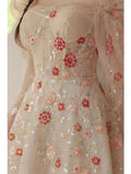 Long Sleeve Champange Floral Princess Prom Dress