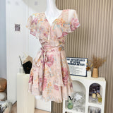 Ruffles V Neck Floral Print Chiffon Short Mini Dress