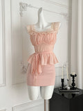 Ruffled Peplum Top Fitted Skirt Pink Outfit