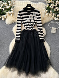 Striped Top Floral Knit Tulle Dress