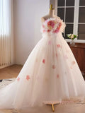 Unique High Low Flower Pink Tulle Sweetheart Prom Dress