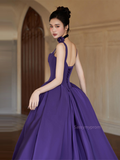 Purple Beading Ball Gown Strapls Satin Prom Dress