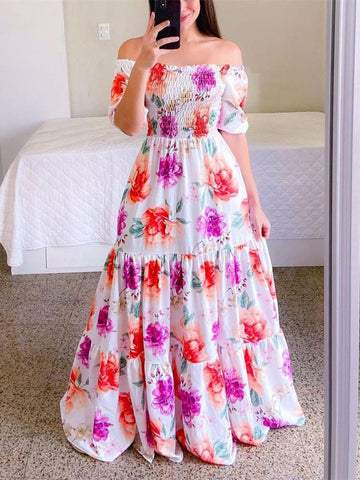 Floral Print Short Sleeve Long Maxi Beach Dress