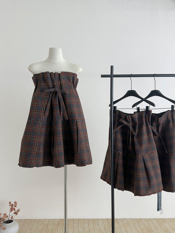 Plaid Strapless A-Line Mini Dress with Self-Tie Bow