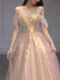 Gold Sparkle A Line Tulle Sequin Long Prom Dress