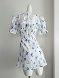 Delicate Blue Floral Motifs Square Neck Mini Dress