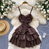 Adjustable Straps Layered Ruffle Brown Mini Dress