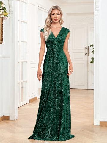 Sequin V Neck Green Sheath Column Prom Dress