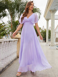 V Neck Short Purple Maxi Long Bridesmaid Dress