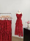 Floral Print Layered Ruffle Skirt Red Maxi Dress