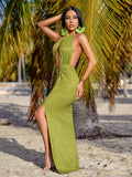 High-Slit Olive Green Halter Maxi Dress