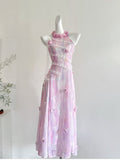 3D Flowers Whimsical Tie Dye Halter Dress