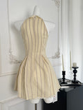 Cascading Pleats Satin Neck Striped Dress