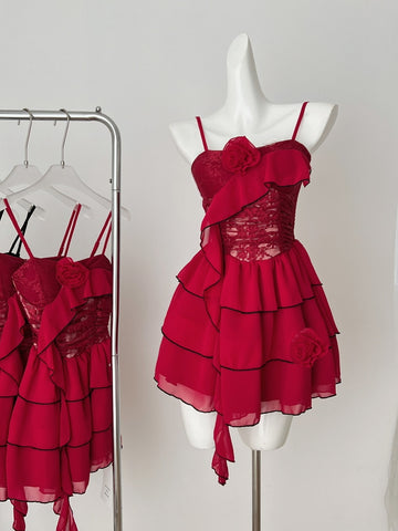 Ruffled Layers Red Strappy Mini Dress