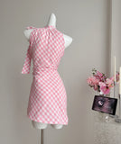 Elegant Halter Candy-Colored Pink Checkered Dress