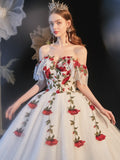 Off The Shoulder Floral Tulle Ball Gown Prom Dress