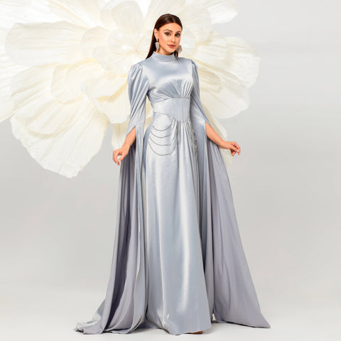 Long Sleeve Satin Cape Silver Chain Gray Prom Dress Sassymyprom Long Sleeve Satin Cape Silver Chain Gray Prom Dress Sassymyprom