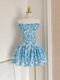 Ruffles Print Short Mini Blue Strapless Homecoming Dress