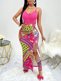 Colorful High-Slit Skirt Ensemble Dress