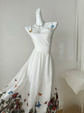 Floral Butterfly Prints White Strappy Dress