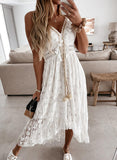 White Lace Insert Tassel High Low Dress