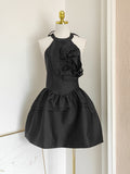 Short Mini Satin Halter Black Homecoming Dress