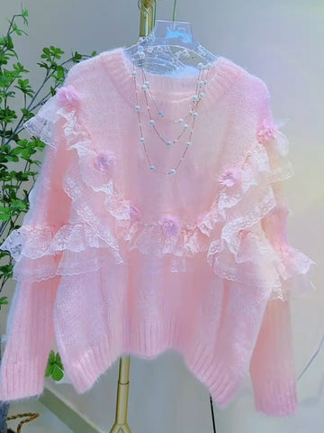 Soft Knit  Lace Flower-Embellished Pink Sweater