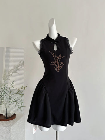 Floral Embroidery Lace Short Mini Black Dress