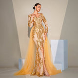 Long-Sleeve Gold Embroidery Mermaid Prom Dress With Slit