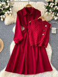 Matching Knit Vest Layered Red Dress