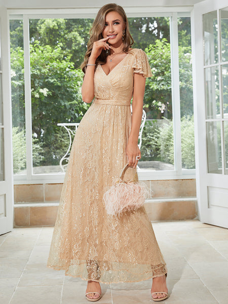 2023 Champagne Long Lace Wedding Guest Dress M