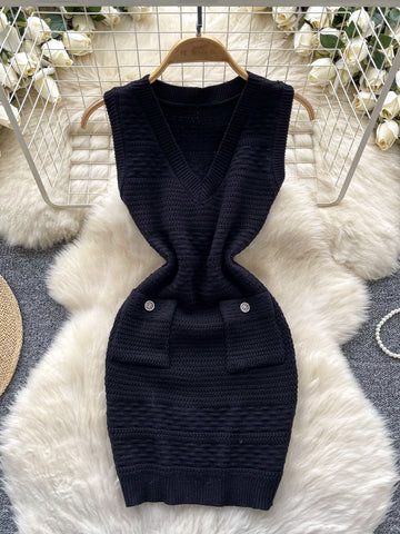 Sleeveless Knitted V Neck Stylish Dress