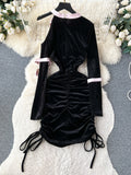 Black Satin Bow Cut-Out Velvet Dress