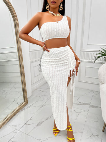 Elegant White Slit Skirt Knit Outfit