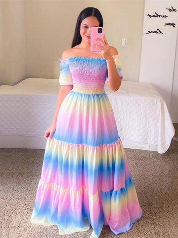 Rainbow Short Sleeve Long Maxi Beach Dress