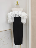 Ruffles Sheath Column Black & White Tea Length Homecoming Dress