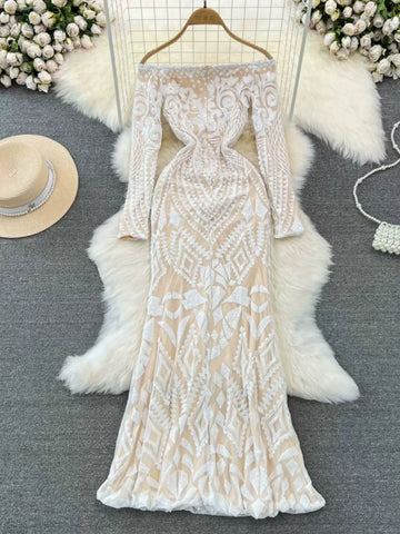 Fantasy Whisper Ivory Sequined Lace Evening Dress