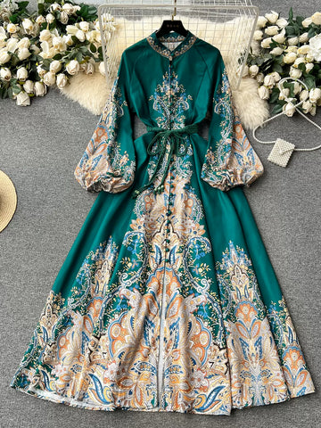 Baroque Splendor Green Midi Dress