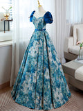 Blue Floral Short Sleeves Ball Gown Prom Dress