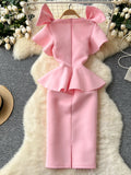 Decorative Shoulder Pearls Elegant Pink Dress