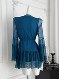 Sheer Sleeves Blue Mini Dress